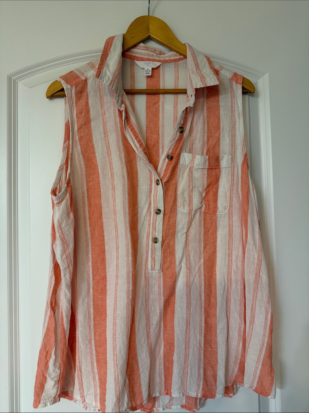 Time and Tru Coral and White Striped Sleeveless Button-Front Tunic